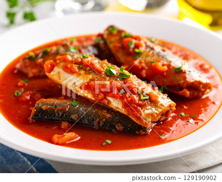 Fish stewed in tomato sauce 129190902