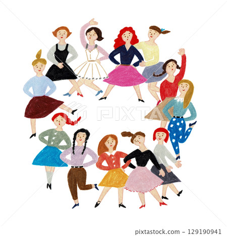 Hand-drawn illustration: Girls posing in a circle 129190941
