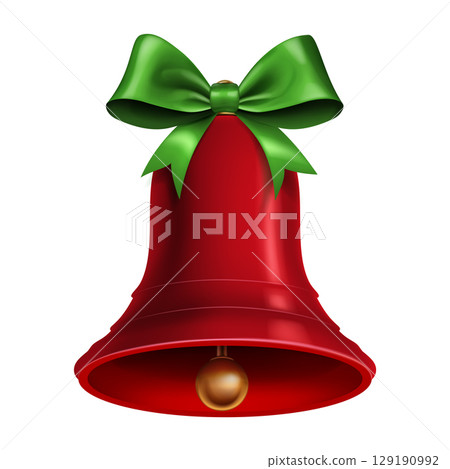Red Christmas bell adorned with a green bow. 129190992