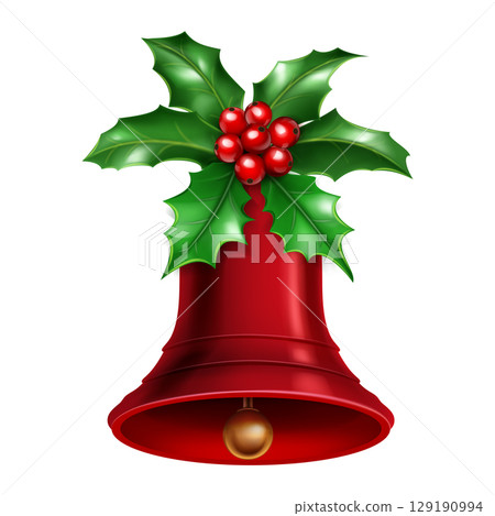 Red Christmas bell with lush green holly leaves. 129190994