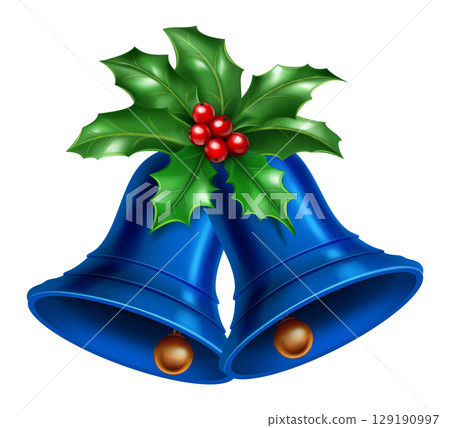 Blue Christmas bells with lush green holly leaves. 129190997