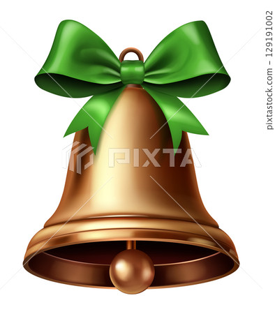 Golden Christmas bell adorned with a green bow. 129191002