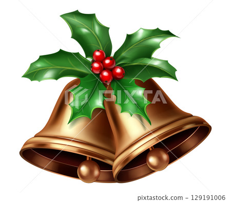 Golden Christmas bells adorned with lush green holly leaves. 129191006
