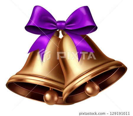 Golden Christmas bells adorned with a purple bow. Golden Christmas bells adorned with a purple bow. 129191011