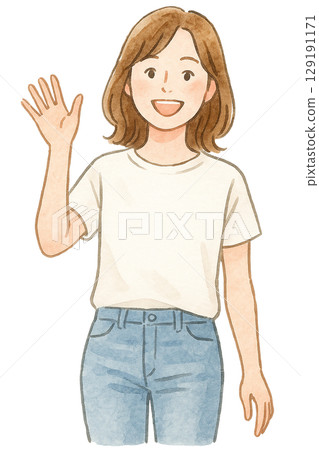 Illustration of a woman in a white T-shirt waving (cutout) 129191171