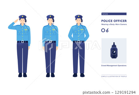 A set of vector illustrations of a wearable camera and a female police officer used for crowd control 129191294