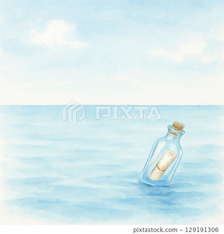 Watercolor illustration of a bottle floating in the sea and the expansive sky (JPEG) 129191306