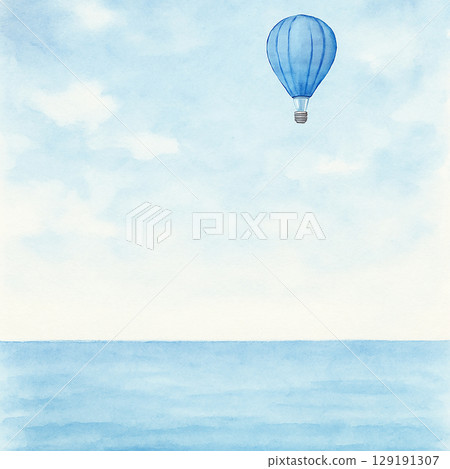 Fantasy landscape illustration of a hot air balloon and a calm sea (JPEG) 129191307