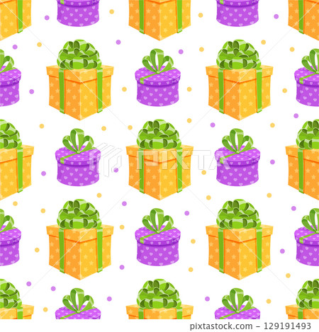 Cartoon seamless pattern with gift boxes and present ribbons. Bow and wrapping design for holiday or birthday theme. Perfect element for cheerful celebrations colorful parties. Cartoon seamless pattern with gift boxes and present ribbons. Bow and wrapping design for holiday or birthday theme. Perfect element for cheerful celebrations colorful parties. 129191493
