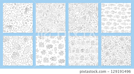 Underwater seamless pattern set in outline style. Marine ocean background featuring fish, reef, and jellyfish. Cartoon aquatic texture perfect for summer themes or design projects. Underwater seamless pattern set in outline style. Marine ocean background featuring fish, reef, and jellyfish. Cartoon aquatic texture perfect for summer themes or design projects. 129191496