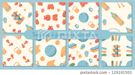Seamless pattern set of colorful fitness and gym equipment. Flat style design with workout tools and training accessories creates vibrant background. Ideal for sport decor textile designs. Seamless pattern set of colorful fitness and gym equipment. Flat style design with workout tools and training accessories creates vibrant background. Ideal for sport decor textile designs. 129191503