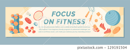 Flat banner with sport and gym equipment. Banner design showcasing fitness tools for workout, exercise, and training. Healthy lifestyle background for wellness themes. Flat banner with sport and gym equipment. Banner design showcasing fitness tools for workout, exercise, and training. Healthy lifestyle background for wellness themes. 129191504