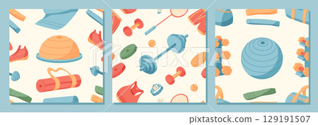 Seamless pattern of colorful sport equipment in flat style set. Trendy set of workout tools like dumbbells, mats, and sneakers in gym background. Perfect for exercise themes, training visuals, or Seamless pattern of colorful sport equipment in flat style set. Trendy set of workout tools like dumbbells, mats, and sneakers in gym background. Perfect for exercise themes, training visuals, or 129191507