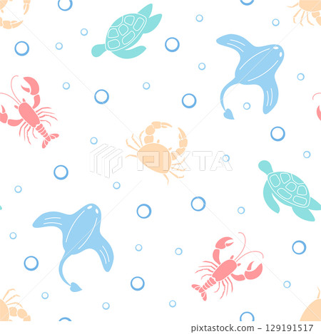 Seamless underwater pattern. Cartoon aquatic creatures like turtle, crab, and shrimp combine with marine life forms. Ocean design with flat style, vibrant colors, and aquatic backdrop. Perfect for 129191517
