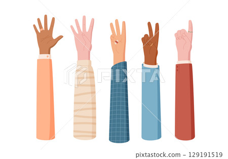 Flat cartoon hand count gesture set. Diverse fingers show count and number with colorful clothes. Isolated concept for educational use in schools and learning environments. 129191519