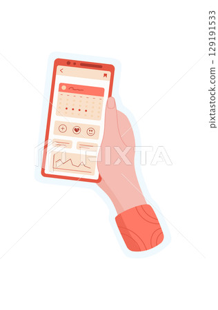 Hand holds phone with app sticker. User interacts on mobile screen. Online gesture, social media context, technological visual style, suitable for various mobile applications. Hand holds phone with app sticker. User interacts on mobile screen. Online gesture, social media context, technological visual style, suitable for various mobile applications. 129191533