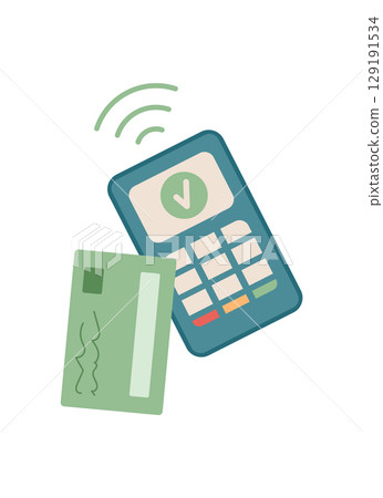 Plastic card and payment terminal. Currency card for finance. Payment concept, flat style, suitable for business use. Human interaction with phone demonstrates ease of transactions. Plastic card and payment terminal. Currency card for finance. Payment concept, flat style, suitable for business use. Human interaction with phone demonstrates ease of transactions. 129191534