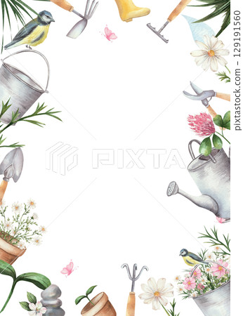 Vertical watercolor frame with garden tools, watering can, clay pots, clover, chamomile, flowers, and birds with a butterfly. Pink and white flowers, space for text. White background. 129191560
