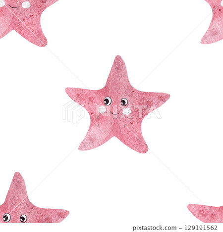 Seamless watercolor pattern featuring a pink starfish with eyes and a smile. Children's marine theme. White background, hand-drawn. 129191562