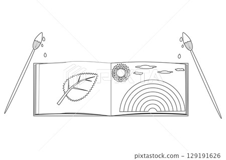 Coloring page with outline drawing of open coloring book with autumn leaf, sun, clouds and rainbow. Art supplies and paintbrushes. For entertaining kids activity, back to school black and white design 129191626