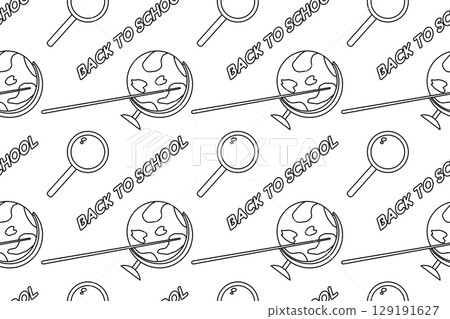 Coloring page of seamless pattern with globes, magnifying glasses, pointers. For entertaining kids, back to school, education black and white printable design, DIY craft activity, educational concept. 129191627