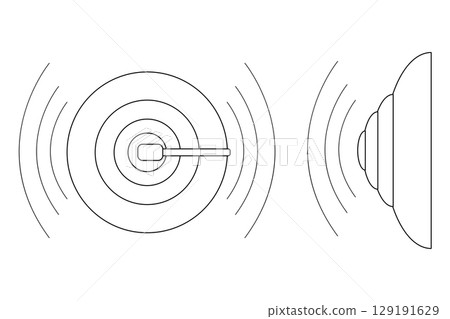 Coloring page of vector set school bell ringing in front and side view with sound waves. For entertaining kids, back to school or education black and white printable design, and DIY craft activity. 129191629