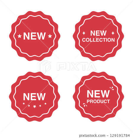 Red badges with new product and collection labels, promotional design. Vector illustration 129191784