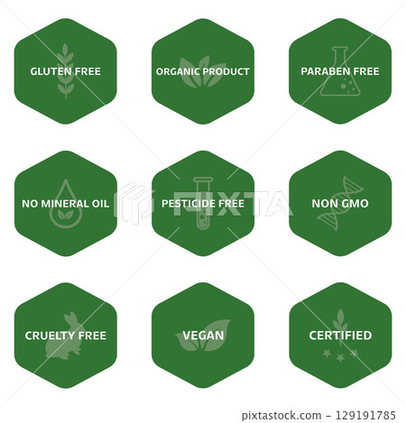 Green hexagonal labels with icons and text for various product certifications. Vector illustration Green hexagonal labels with icons and text for various product certifications. Vector illustration 129191785