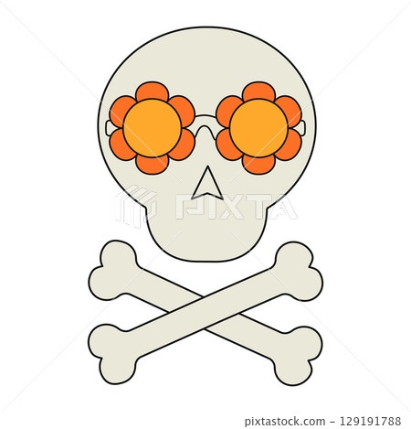 Skull with orange flower glasses and crossed bones on white background. Vector illustration 129191788