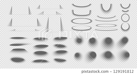 Set of rectangular, round and oval packing boxes, banners or cards shadow effects. Different realistic soft grey shapes. Shades isolated on transparent background. Vector realistic illustration 129191812