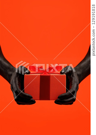 Black hands holding orange gift box with red ribbon against orange background Black hands holding orange gift box with red ribbon against orange background 129191818