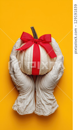 White pumpkin with red ribbon held by gloved hands on yellow background, creating festive and intriguing contrast 129191839