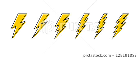 Set of yellow bolt icons. Thunderbolt signs isolated on white background. Lightning silhouettes. Flash light, electric power, energy, speed or battery charging symbols. Vector flat illustration Set of yellow bolt icons. Thunderbolt signs isolated on white background. Lightning silhouettes. Flash light, electric power, energy, speed or battery charging symbols. Vector flat illustration 129191852