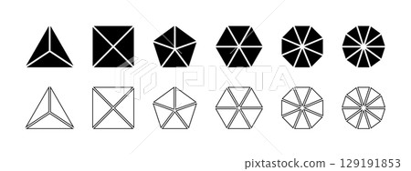Geometric shapes divided into equal parts isolated on white background. Triangle, square and pentagon, hexagon, octagon and decagon shapes cut in sectors. Vector graphic illustration Geometric shapes divided into equal parts isolated on white background. Triangle, square and pentagon, hexagon, octagon and decagon shapes cut in sectors. Vector graphic illustration 129191853