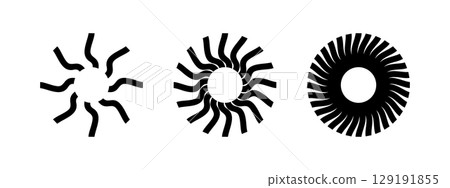 Spinning sun symbols. Round swirl icons. Fan, propeller, ventilator or pinwheel toy signs. Vortex, vertigo or tornado pictograms isolated on white background. Vector graphic illustration 129191855