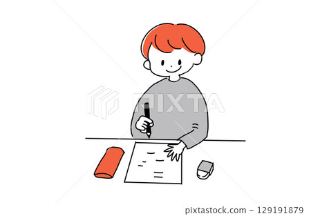 男孩學習的插圖(書桌、考試、手寫風格、向量) 男孩學習的插圖(書桌、考試、手寫風格、向量) 129191879