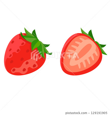 Set of strawberries with stems (whole + cross section) - Flat vector illustration Set of strawberries with stems (whole + cross section) - Flat vector illustration 129191905