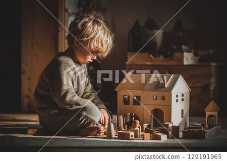 Candid Moment of Child Playing with Wooden Toys on Soft Carpet in Cozy Indoor Setting 129191965