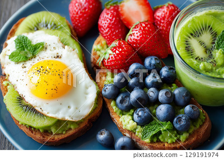 Colorful Breakfast Plate with Avocado Toast, Fresh Fruits, and Smoothie Bowl Delight 129191974