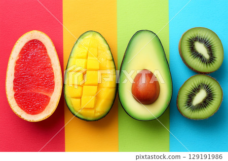 Vibrant Tropical Fruits on a Minimalist Pastel Background with Bright Color Stripes 129191986