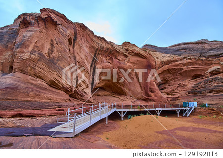 Red Sandstone Canyon Cliffs with Metal Walkway and Amphitheater Eye Level View Red Sandstone Canyon Cliffs with Metal Walkway and Amphitheater Eye Level View 129192013