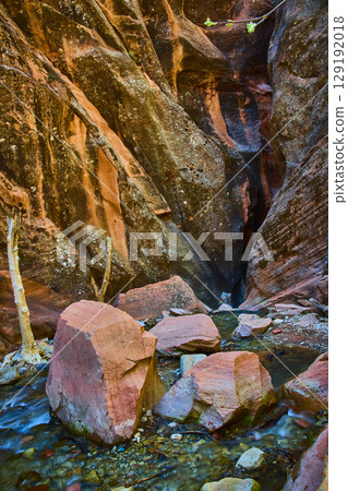 Red Sandstone Rocks and Stream Flow in Slot Canyon Low Water Level Perspective 129192018