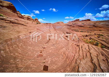 Red Rock Desert Trail and Sandstone Formations with Motion Perspective Red Rock Desert Trail and Sandstone Formations with Motion Perspective 129192067