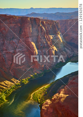 Red Rock Cliffs Colorado River Lush Canyon at Sunset Elevated Rim View 129192078