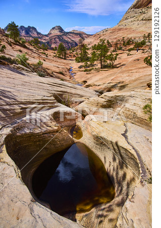 Sandstone Pothole Water Reflection and Desert Peaks Zion National Park Low Eye 129192126