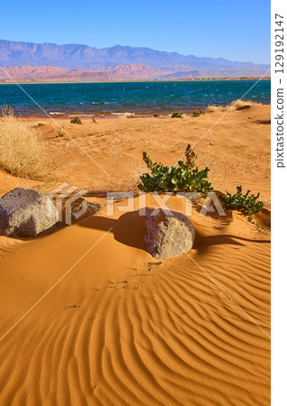 Desert Sand Dunes and Blue Lake with Rocky Mountains Eye Level Perspective Desert Sand Dunes and Blue Lake with Rocky Mountains Eye Level Perspective 129192147