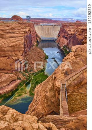 Glen Canyon Dam Colorado River Red Rock Cliffs High Overlook Perspective Glen Canyon Dam Colorado River Red Rock Cliffs High Overlook Perspective 129192239