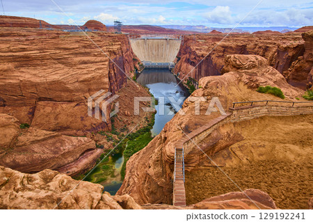 Glen Canyon Dam Colorado River and Red Rock Walls Panoramic Overlook View Glen Canyon Dam Colorado River and Red Rock Walls Panoramic Overlook View 129192241