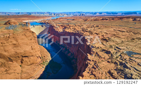 Aerial Glen Canyon Dam Colorado River and Lake Powell Fly Over 129192247