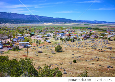 Rural High Desert Town Fields and Mountains Aerial Fly Over Rural High Desert Town Fields and Mountains Aerial Fly Over 129192269